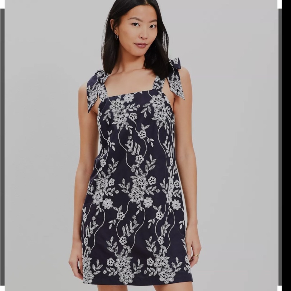 Loft women’s 2025 Elegant Navy Floral embroidered 100% cotton Dress Sz 14